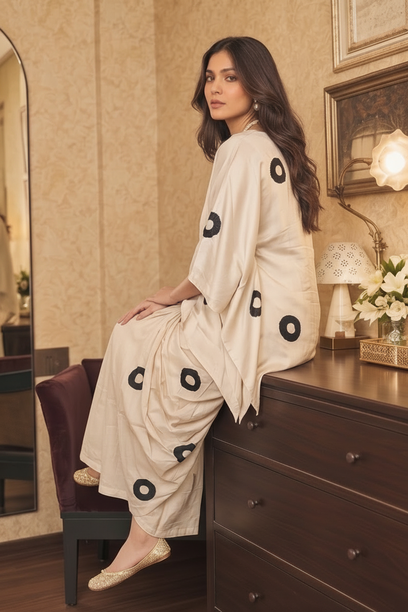 Ivory Beige Embellished Crepe Silk Skirt Set
