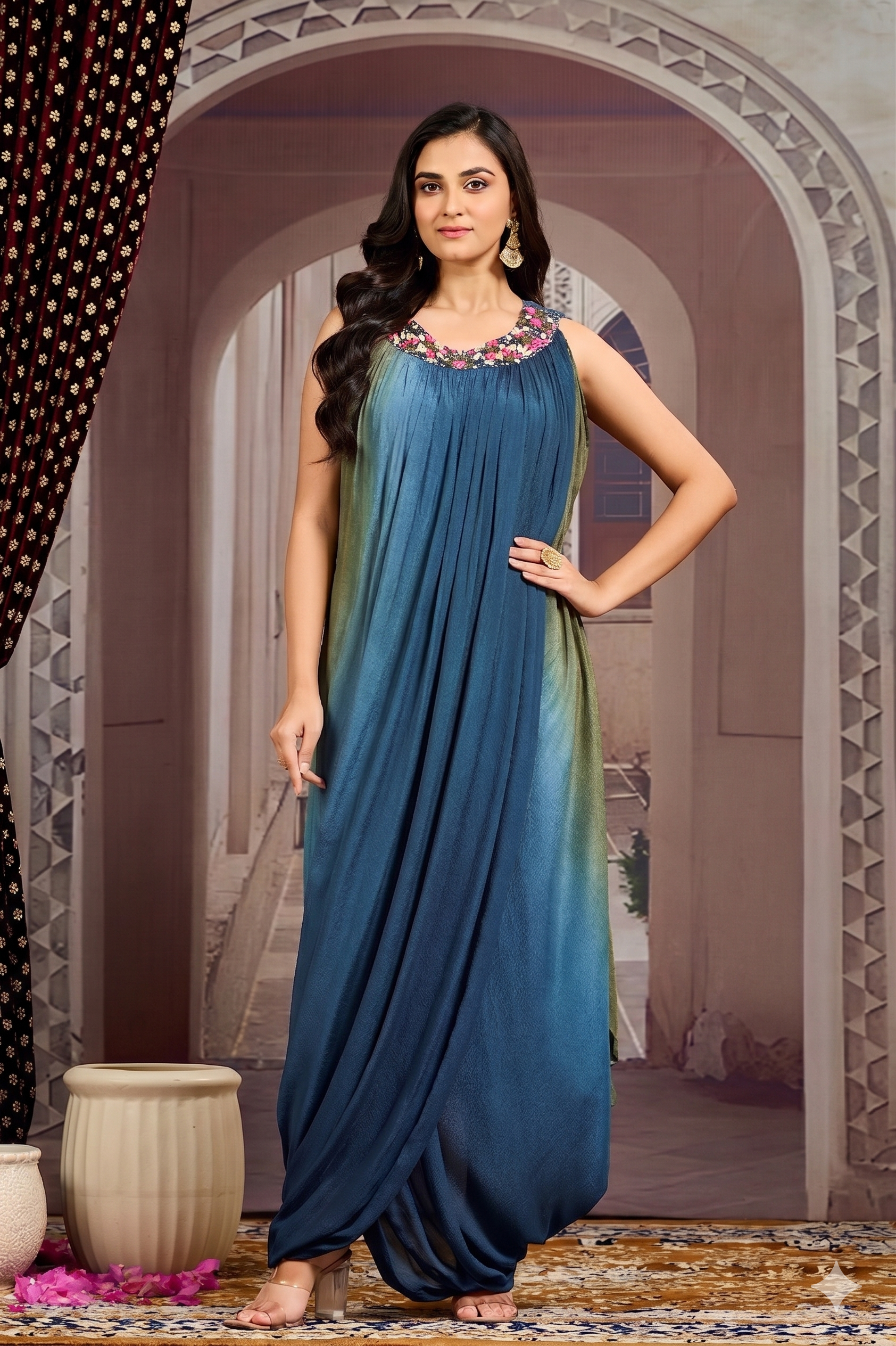 Teal Ombre-Dyed Chinon Silk Cowl Dress