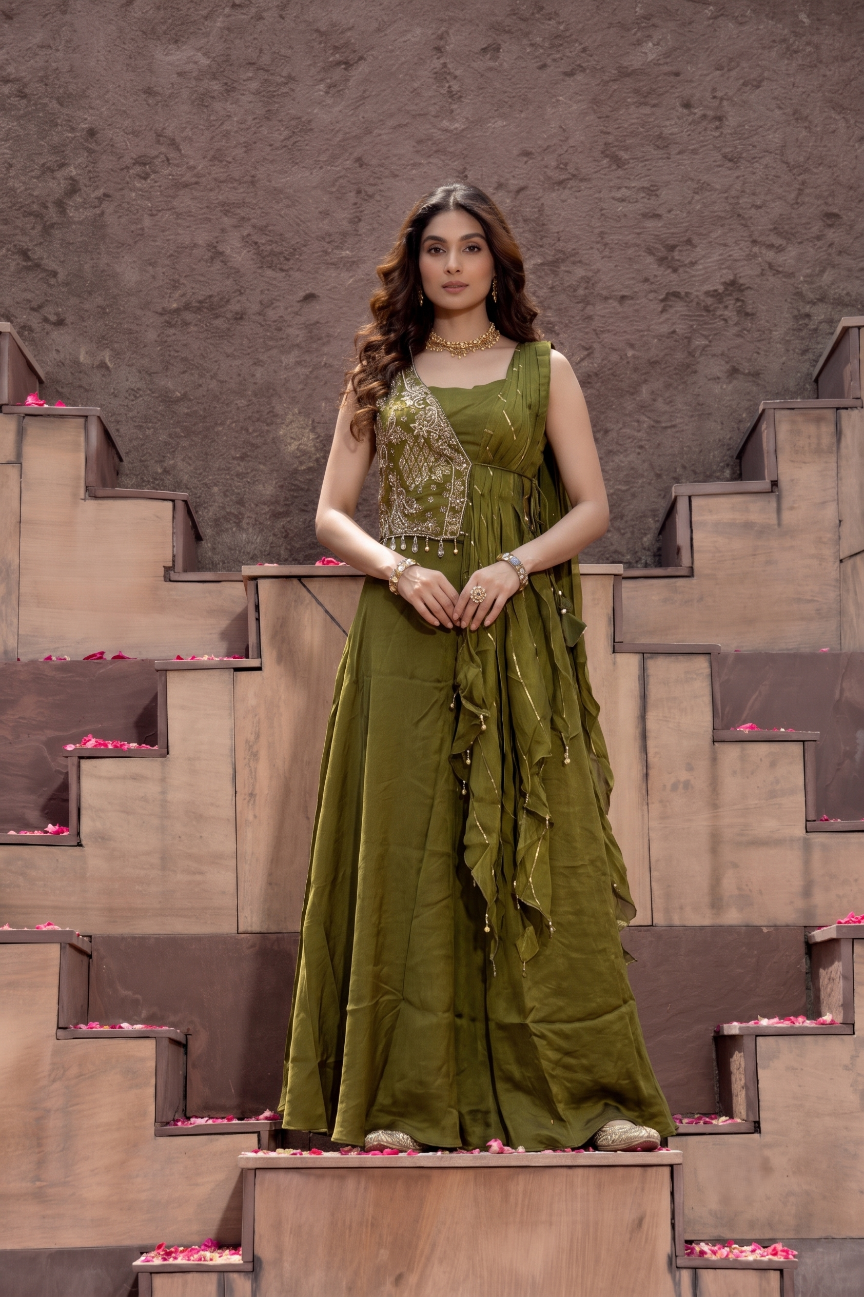 Moss Green Embellished Shimmer Tissue Silk Palazzo Set