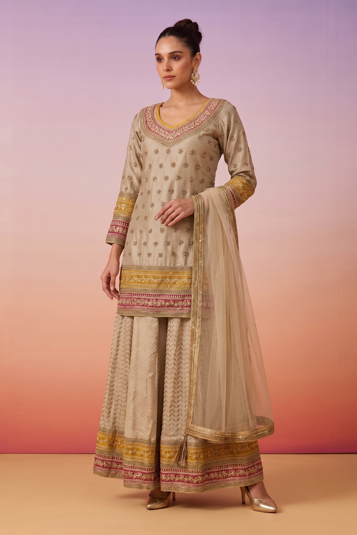 Golden Sand Embellished Premium Silk Skirt Set