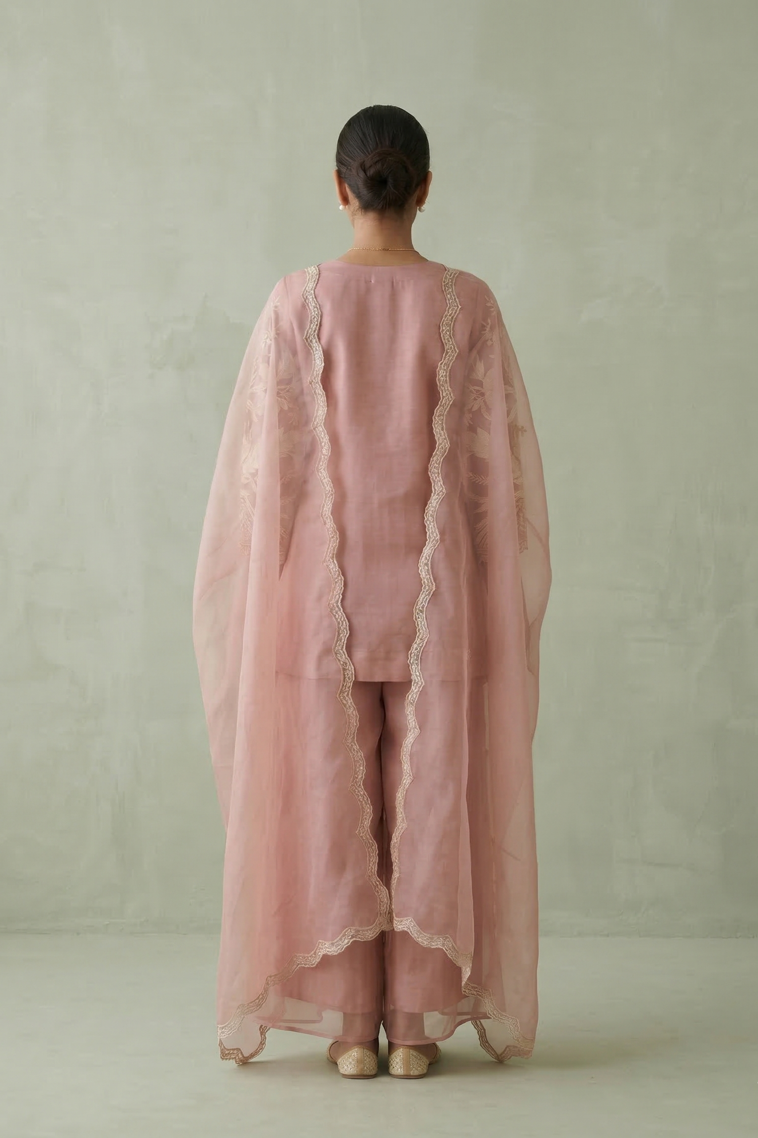 Old Rose Floral Embroidered Organza Silk Sharara Set