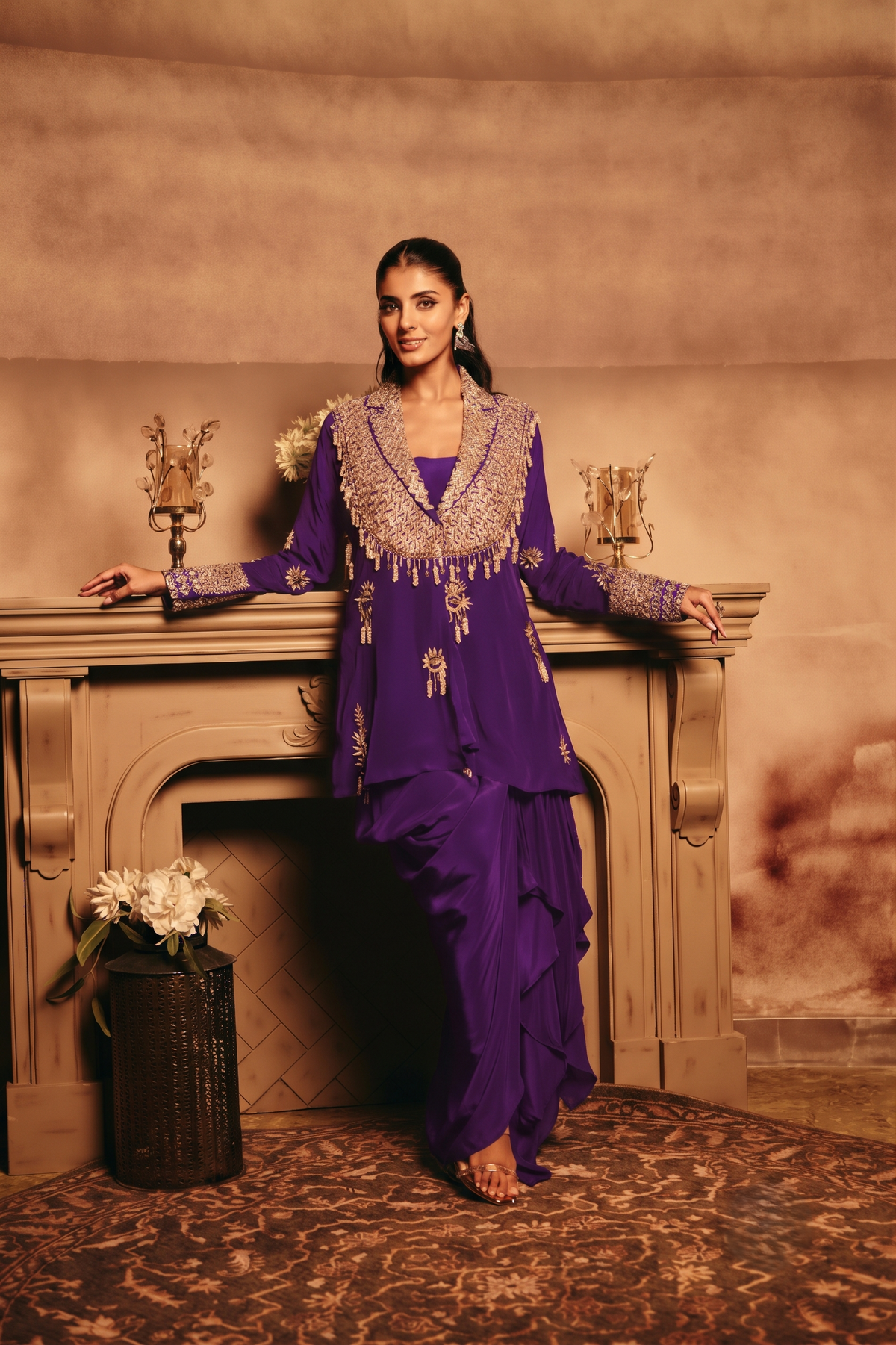 Royal Purple Embellished Crepe Silk Skirt Set