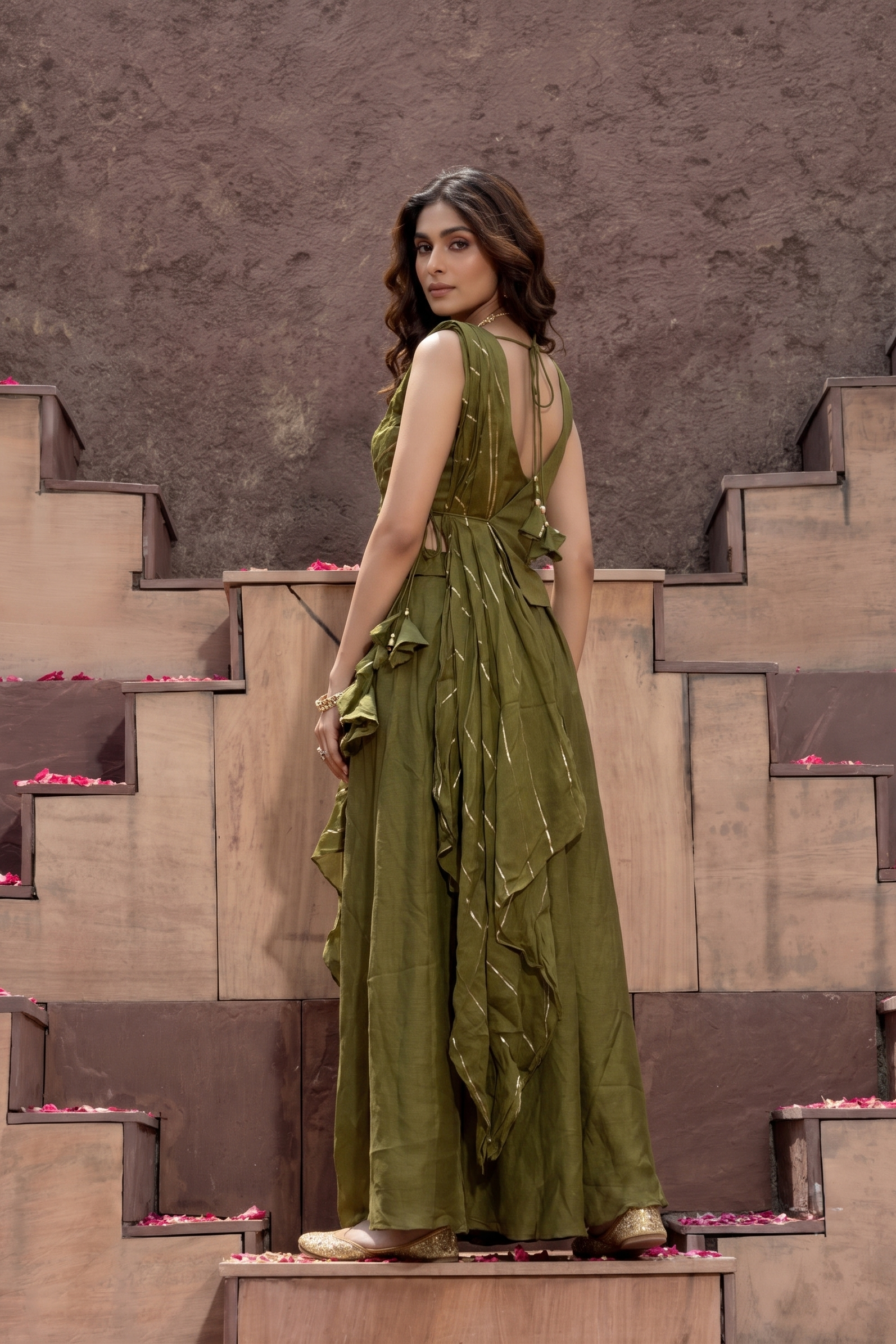 Moss Green Embellished Shimmer Tissue Silk Palazzo Set