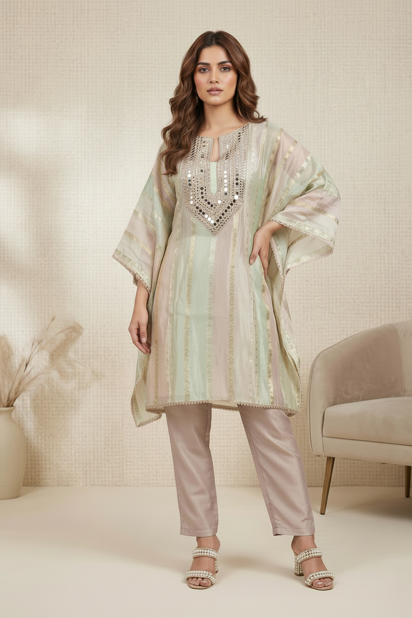 Pastel Multi-Color Embellished Tissue Silk Kaftan Set