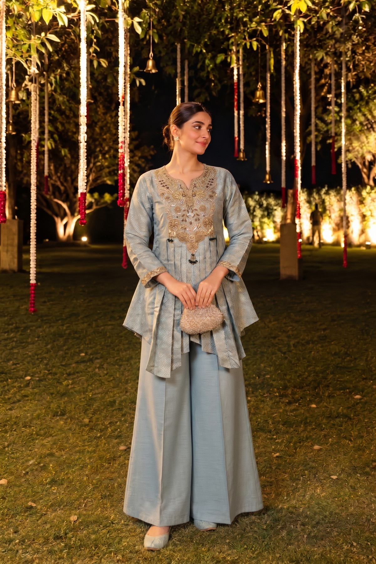 Baby Blue Embellished Brocade Silk Palazzo Set