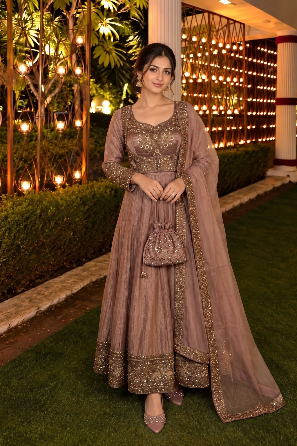Rose Gold Embellished Tissue Silk Anarkali Set
