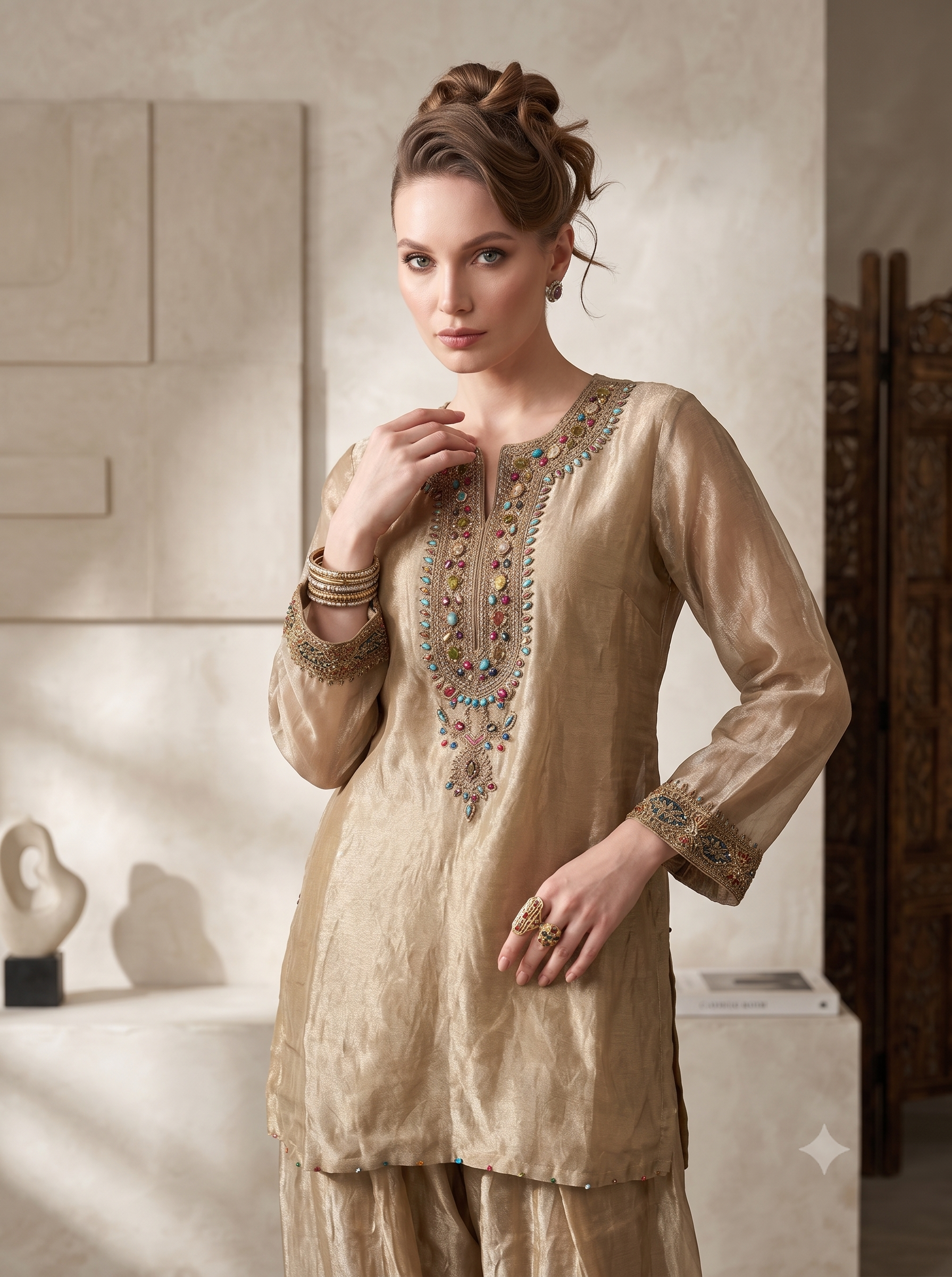 Sand Beige Embellished Shimmer Tissue Kurta Set