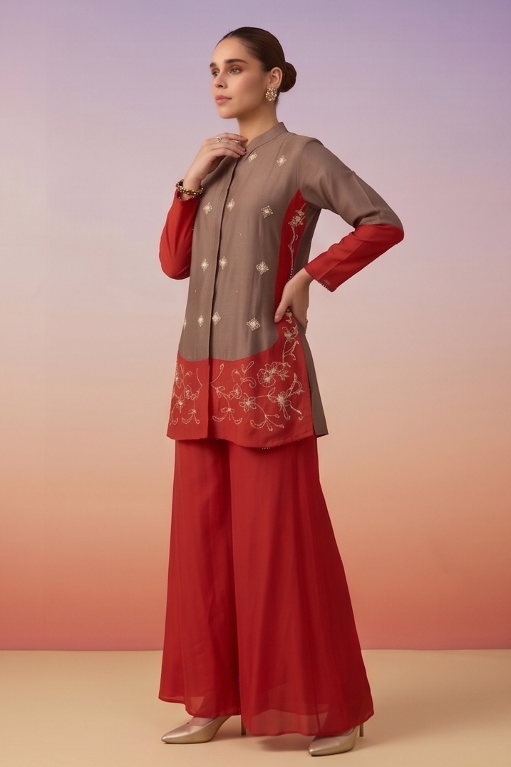 Taupe Brown Embellished Crepe Silk Co-ord Set