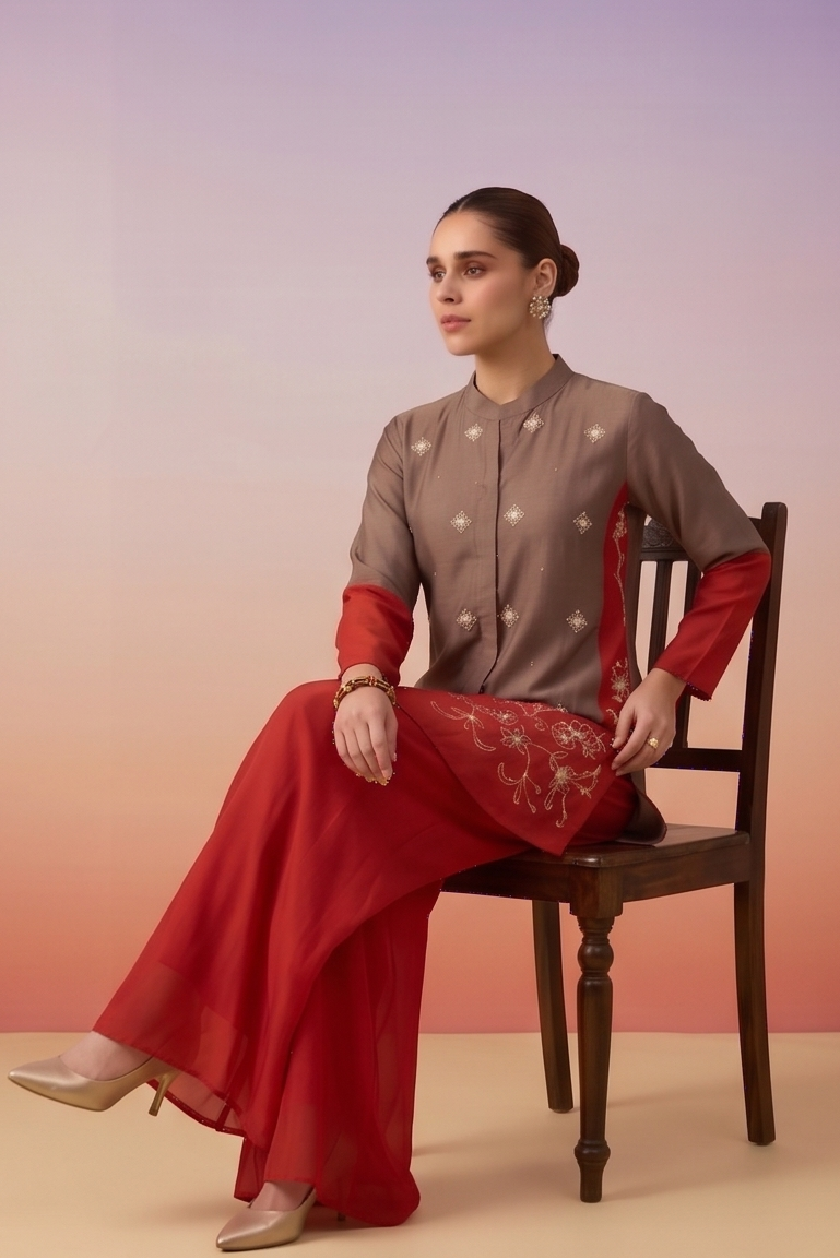 Taupe Brown Embellished Crepe Silk Co-ord Set