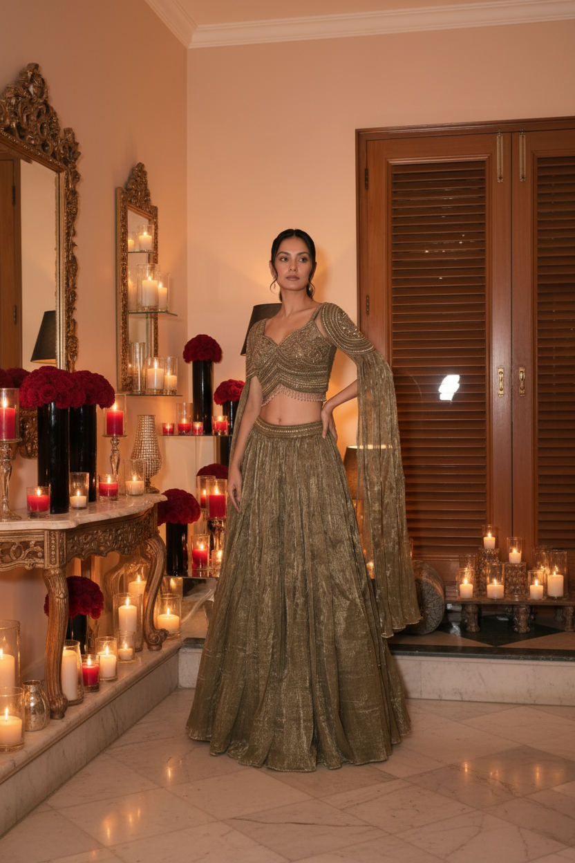 Metallic Olive Shimmer Tissue Silk Lehenga Set