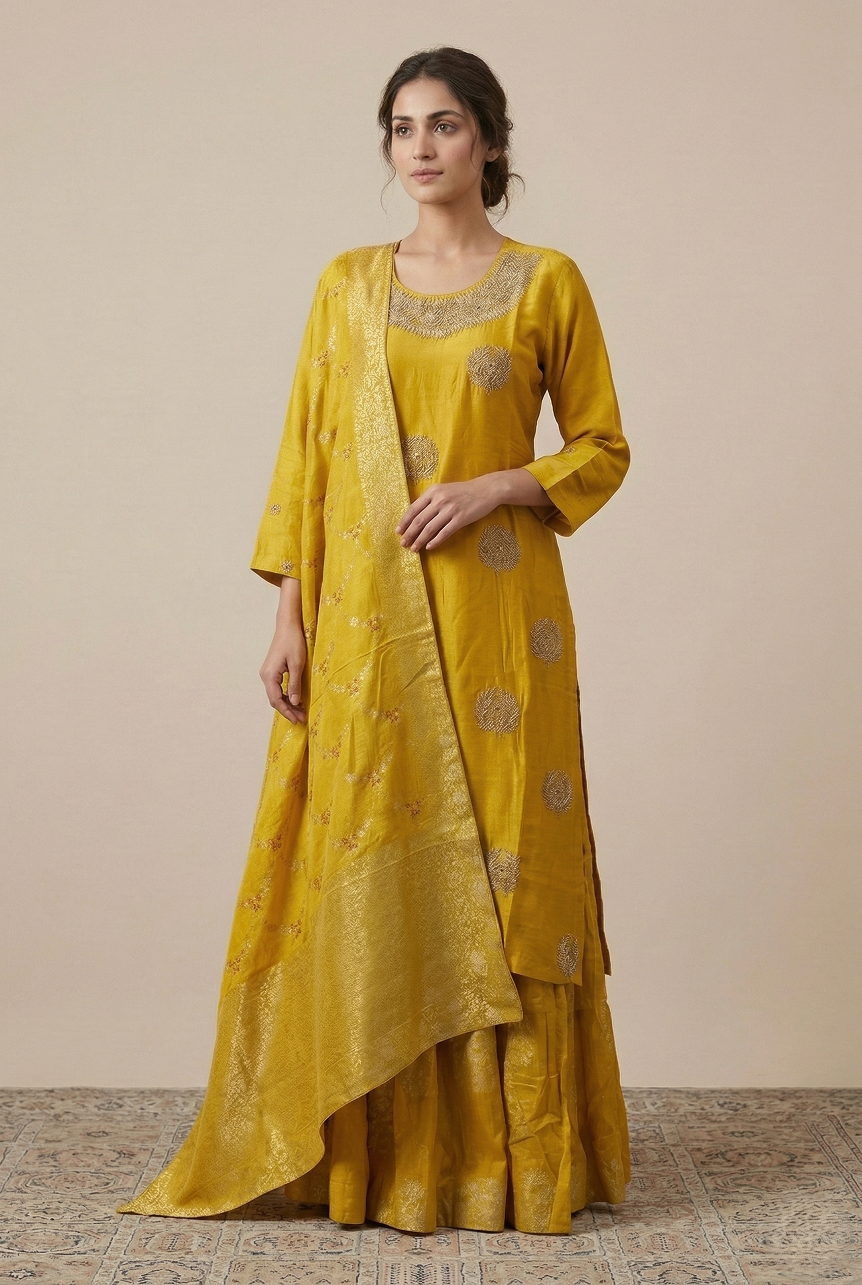 Bright Yellow Gota Patti Kurta and Skirt Set