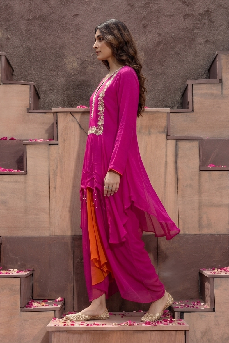 Magenta Pink Embellished Georgette Silk Skirt Set