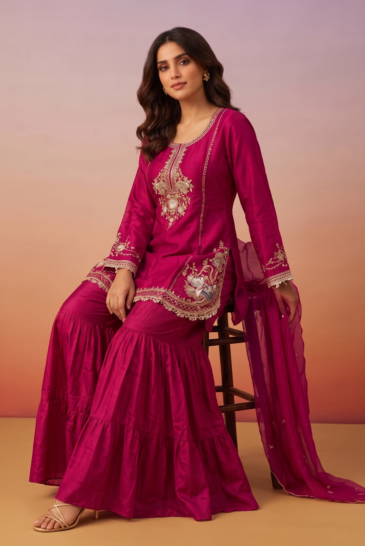Hot Pink Embellished Chinon Silk Sharara Set
