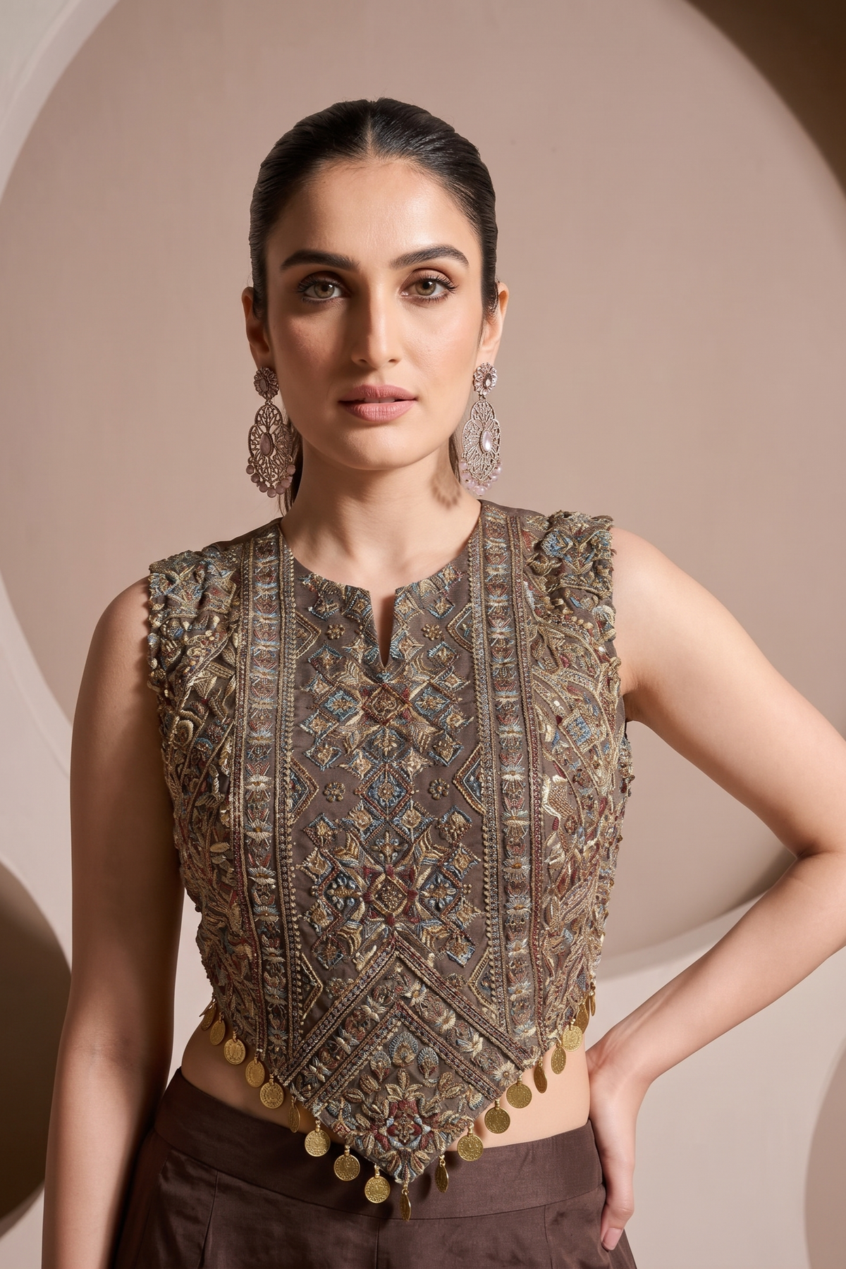 Cocoa Brown Embellished Crepe Silk Palazzo Set