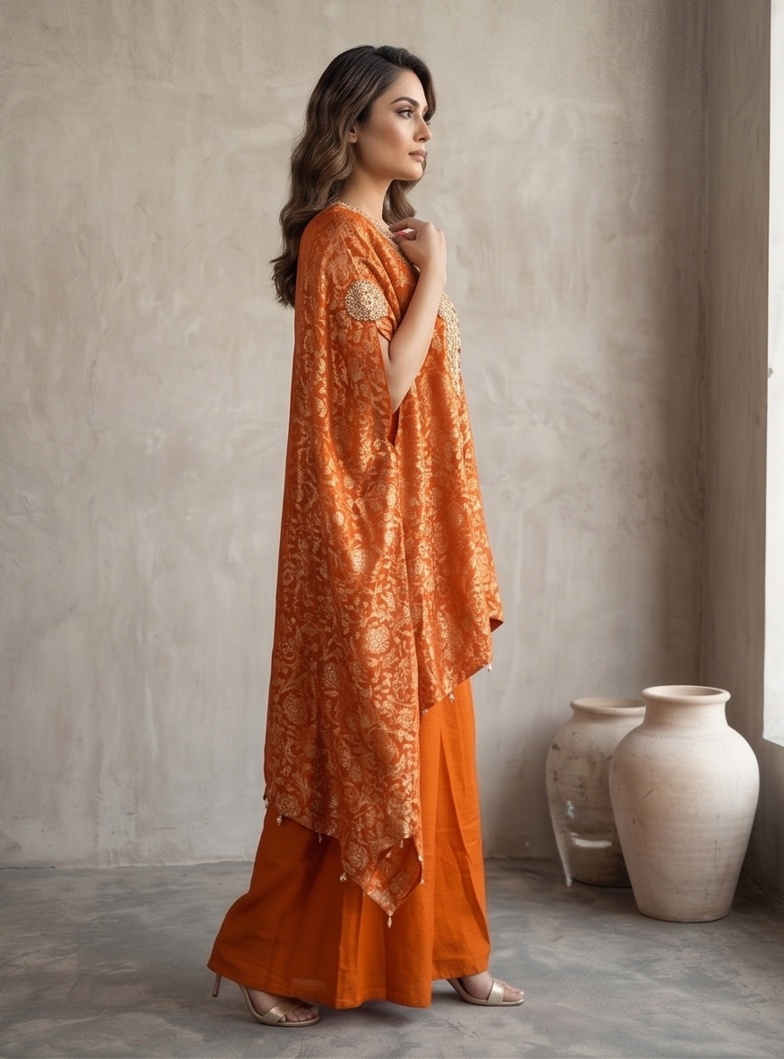 Burnt Coral Embellished Banarasi Brocade Silk Kaftan Set