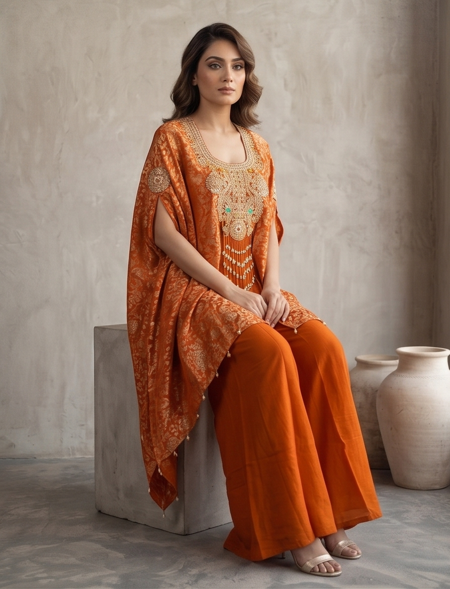 Burnt Coral Embellished Banarasi Brocade Silk Kaftan Set