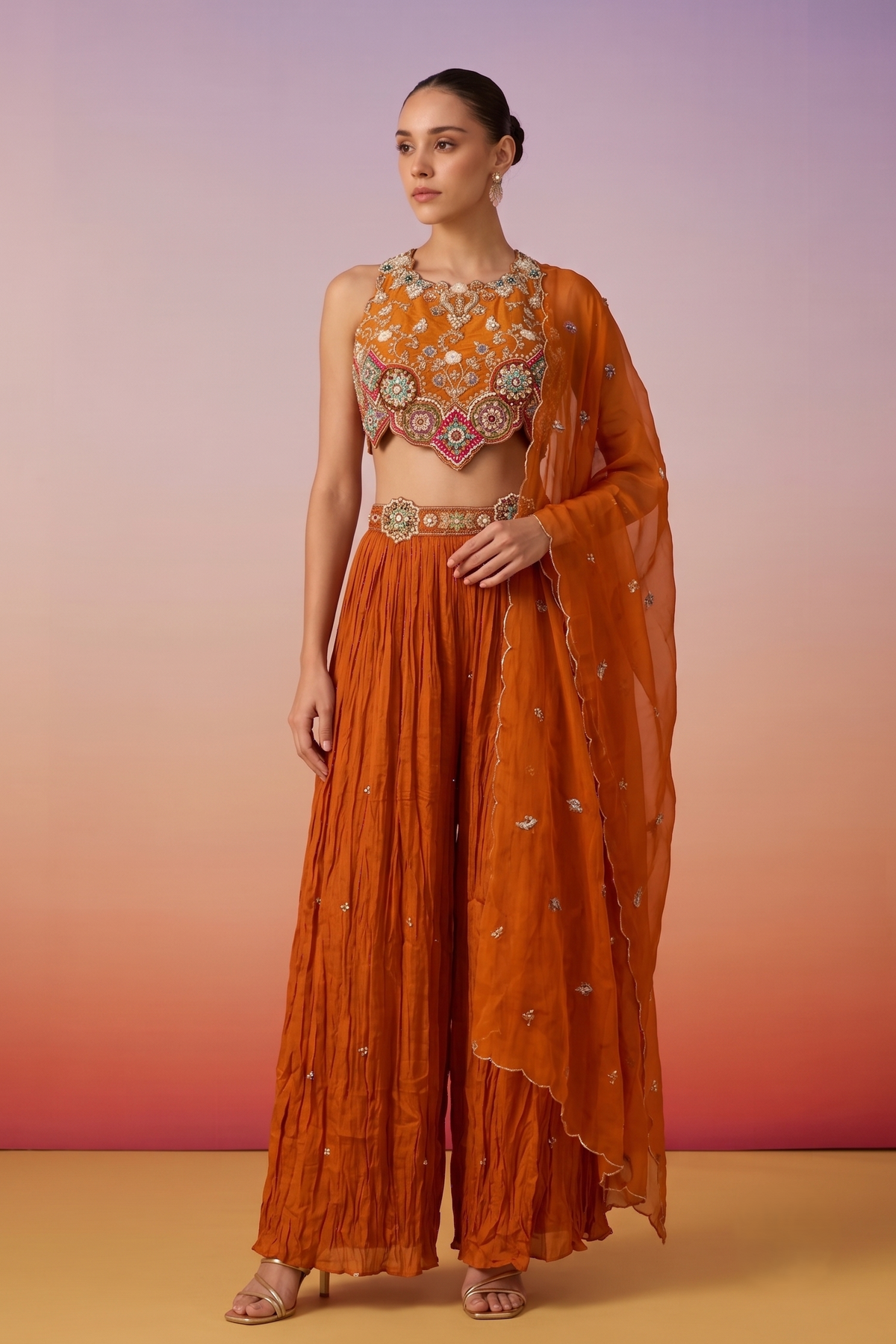 Rust Orange Embellished Chinon Silk Palazzo Set
