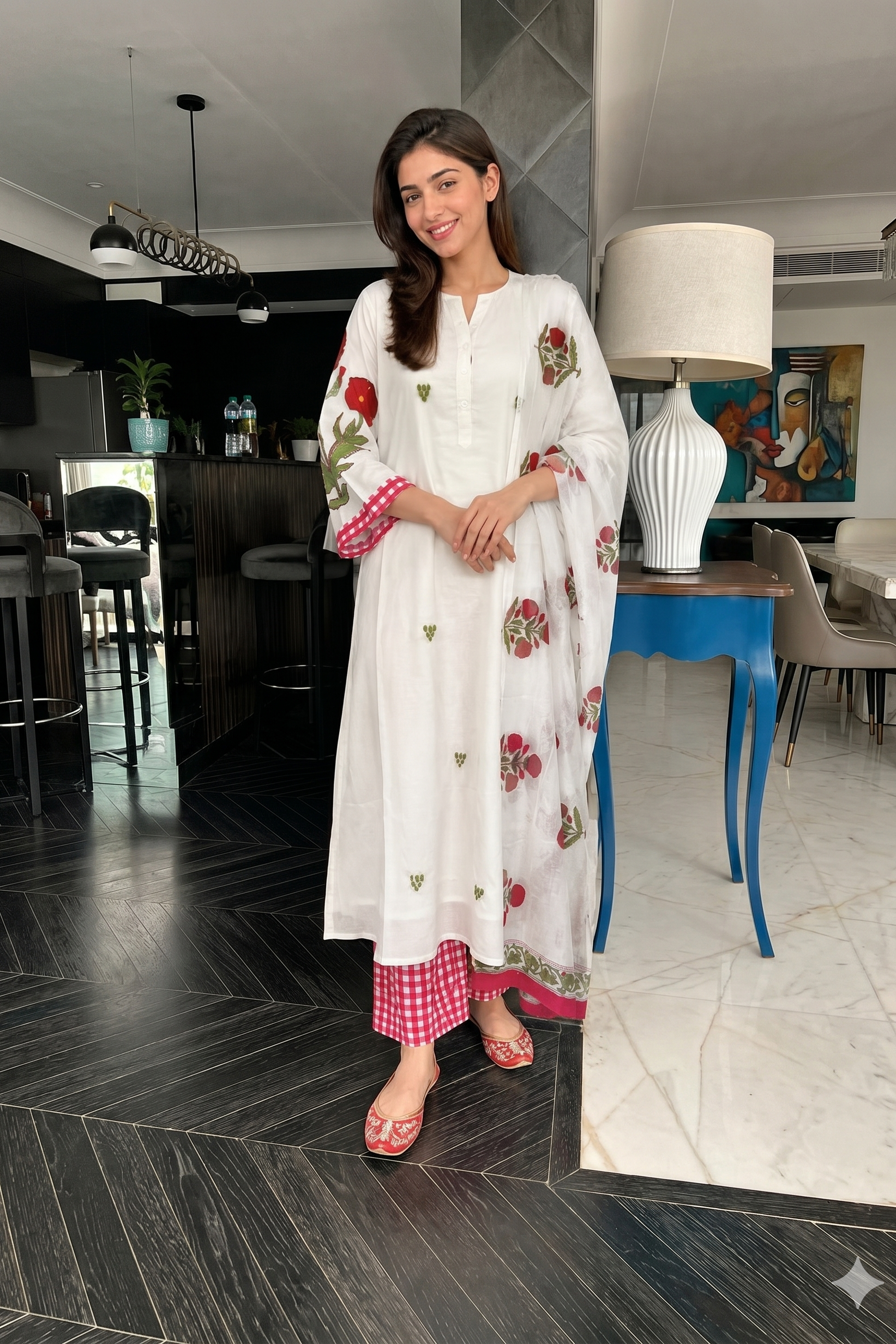 Red Rose Blossom Printed Mul-Cotton Kurta Set
