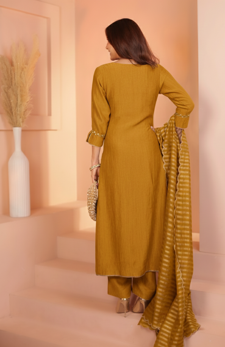 Golden Mustard Embroidered Crushed Tissue Silk Pant Set