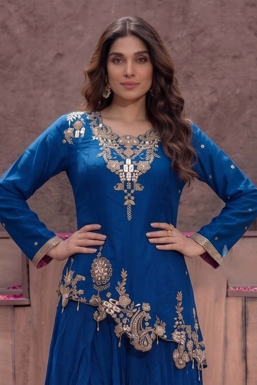 Deep Royal Blue Embellished Crepe Silk Skirt Set