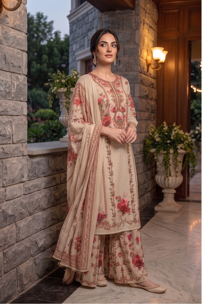 Oatmeal Red Embellished Crepe Silk Sharara Set