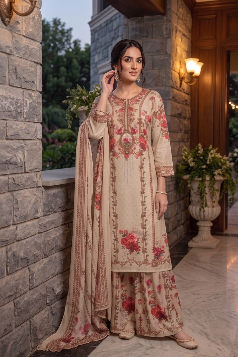 Oatmeal Red Embellished Crepe Silk Sharara Set