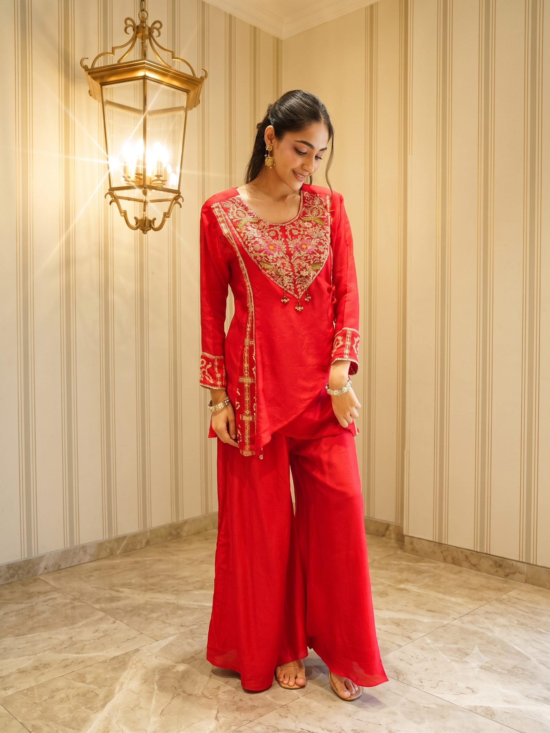 Vermilion Embellished Raw Silk Palazzo Set