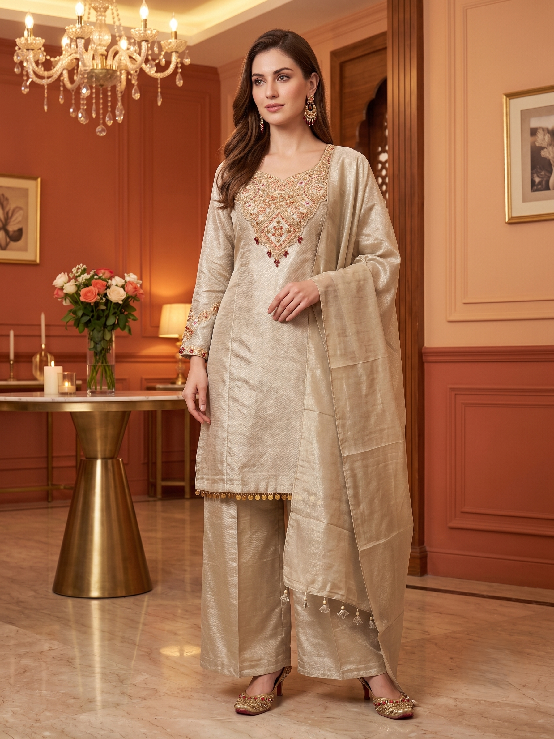 Greige Embellished Shimmer Tissue Silk Pant Set