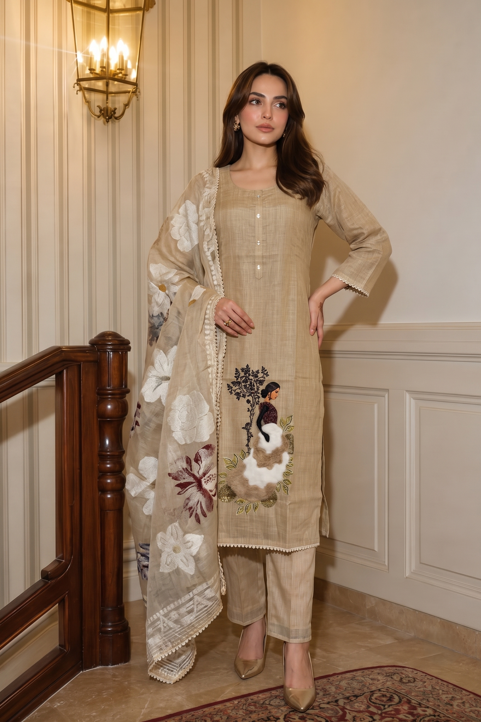 Natural Beige Embellished Cotton Linen Pant Set