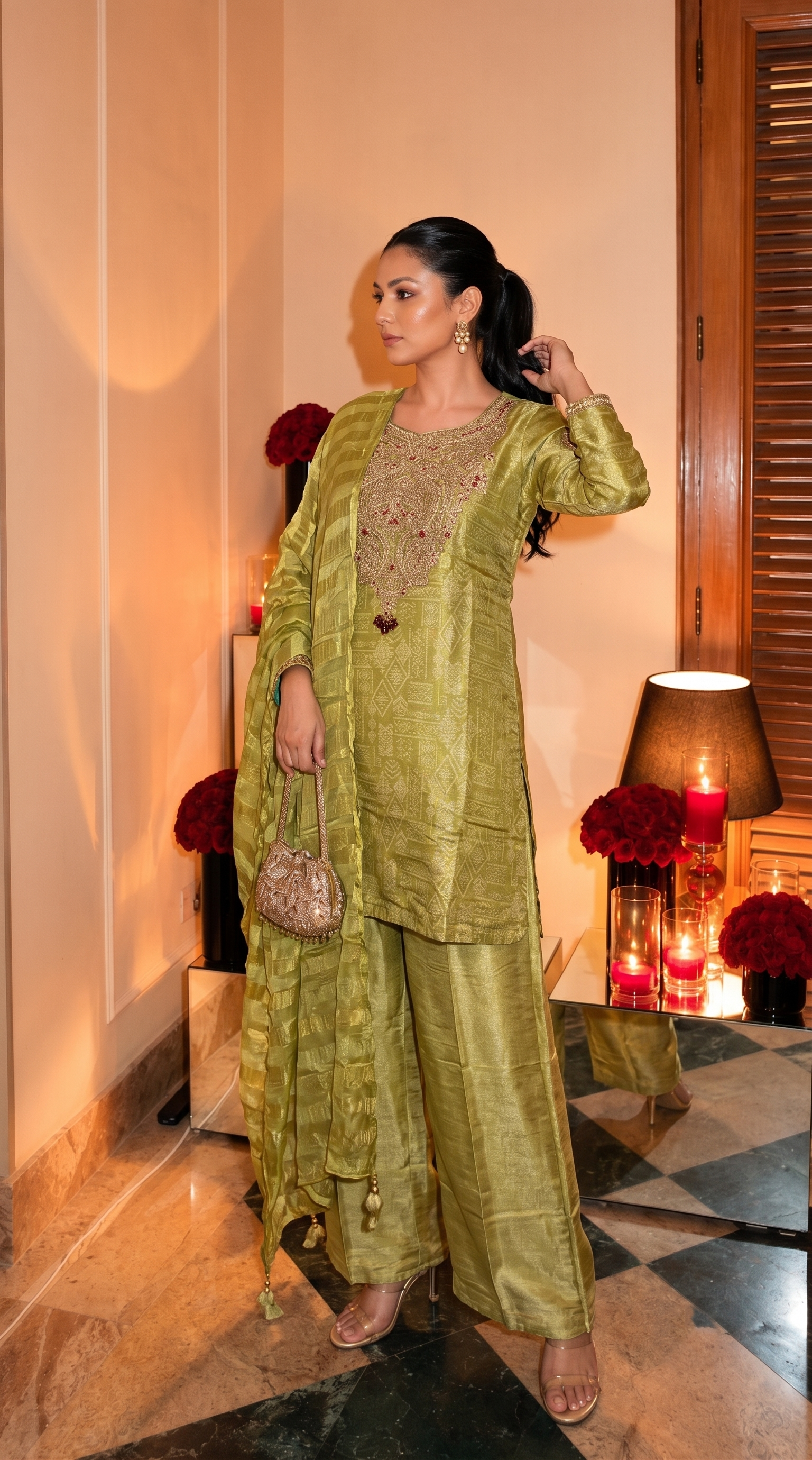 Light Green Embellished Shimmer Tissue Silk Palazzo Set