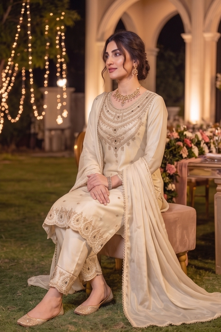 Off Cream Pearl Embellished Crepe Silk Pant Set