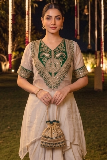 Champagne Green Embellished Crepe Silk Skirt Set