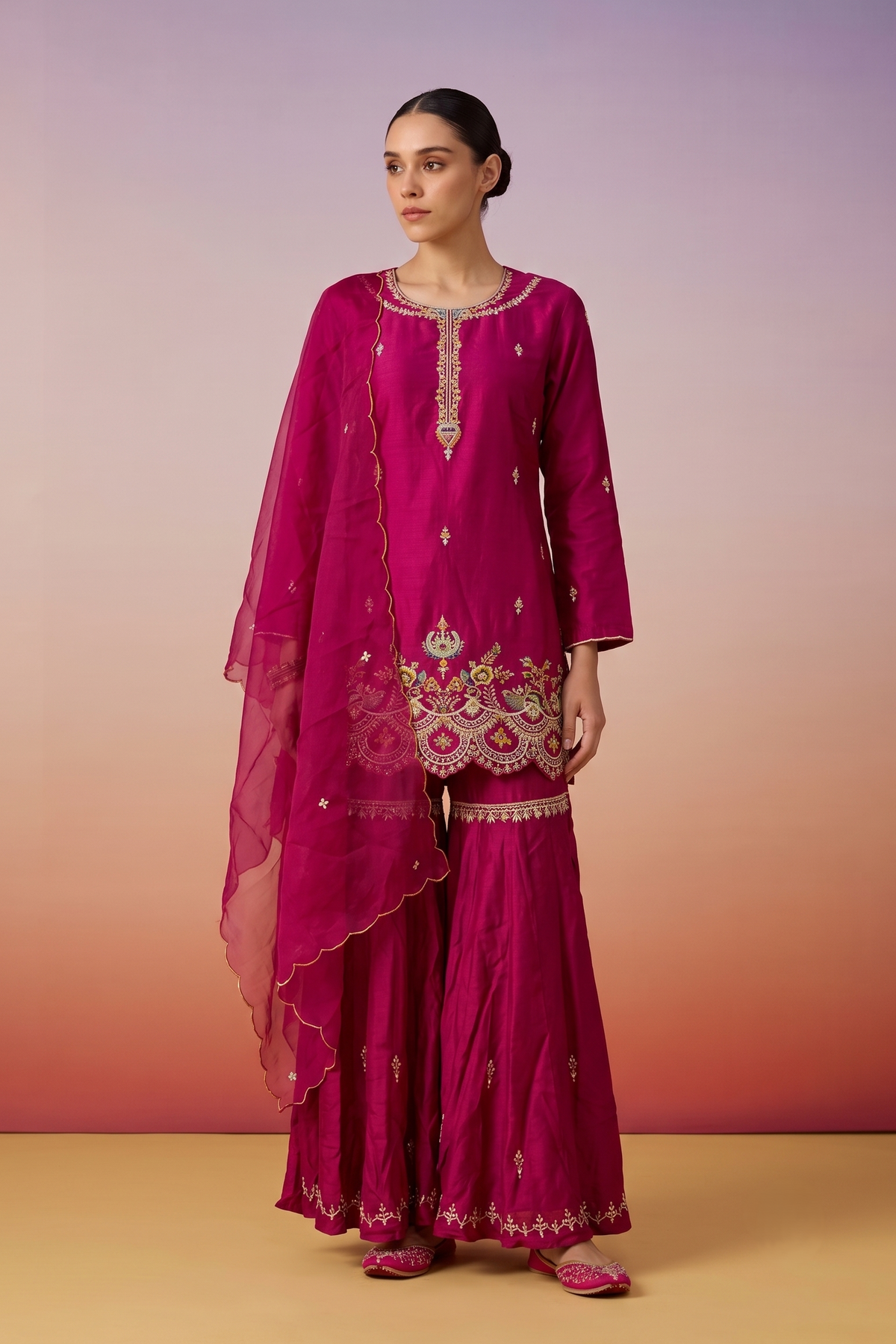 Vintage Rose Embellished Crepe Silk Sharara Set
