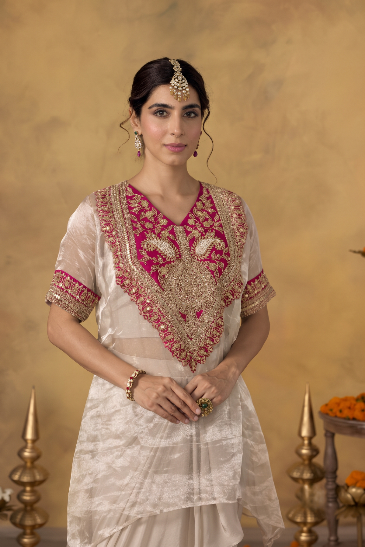 Champagne Pink Embellished Crepe Silk Skirt Set