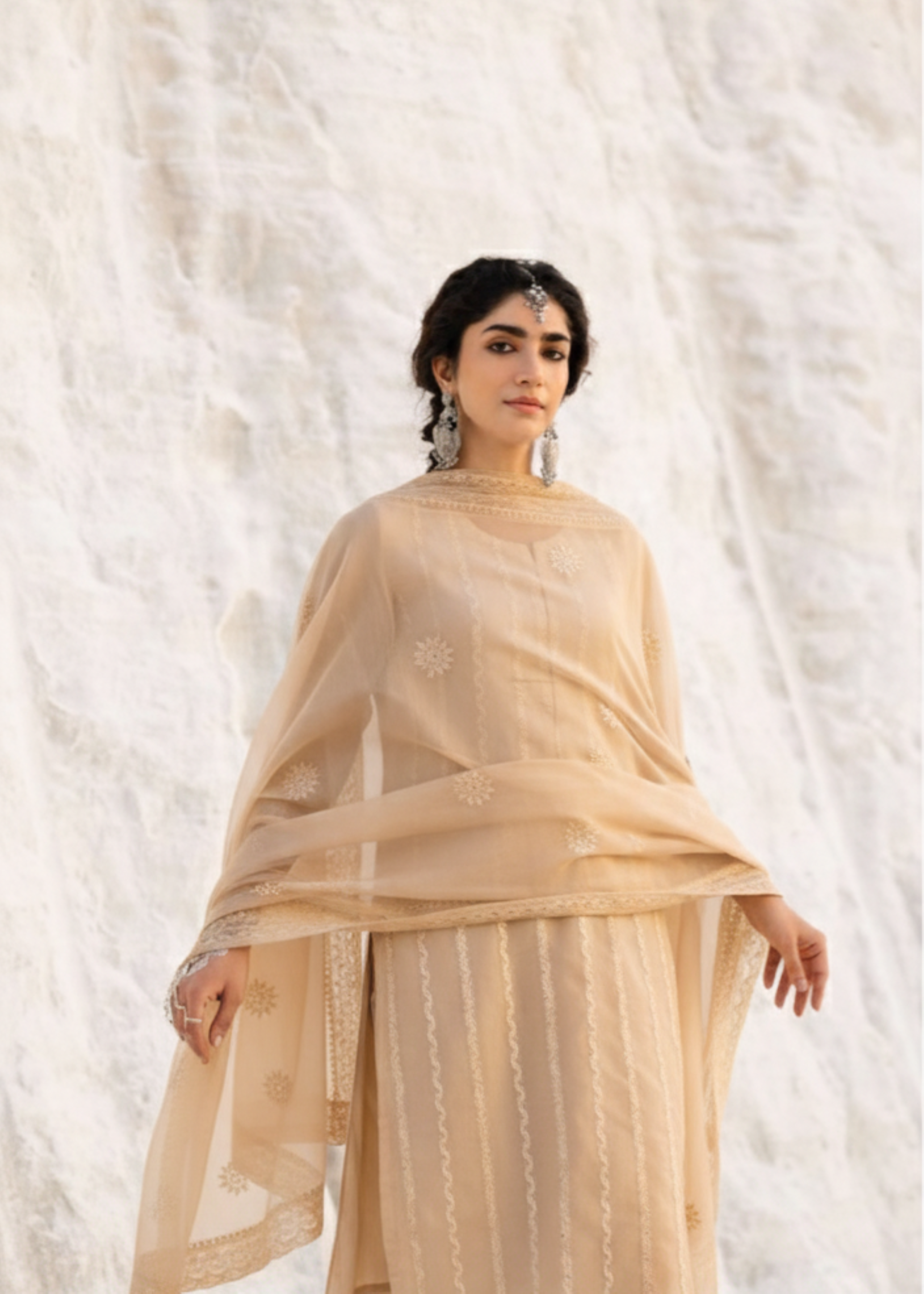 Bright Beige Chikankari Mul-Chanderi Silk Pant Set