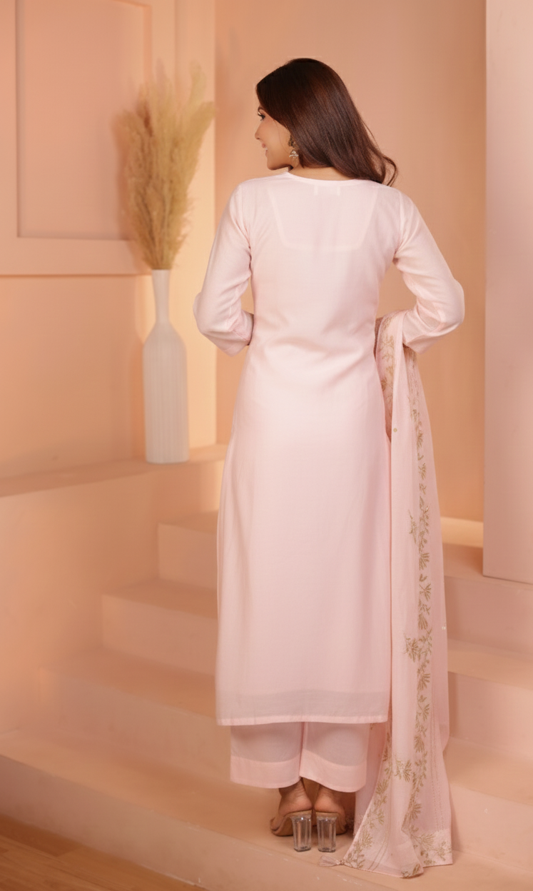 Soft Rose Embroidered Mul-Chanderi Silk Pant Set