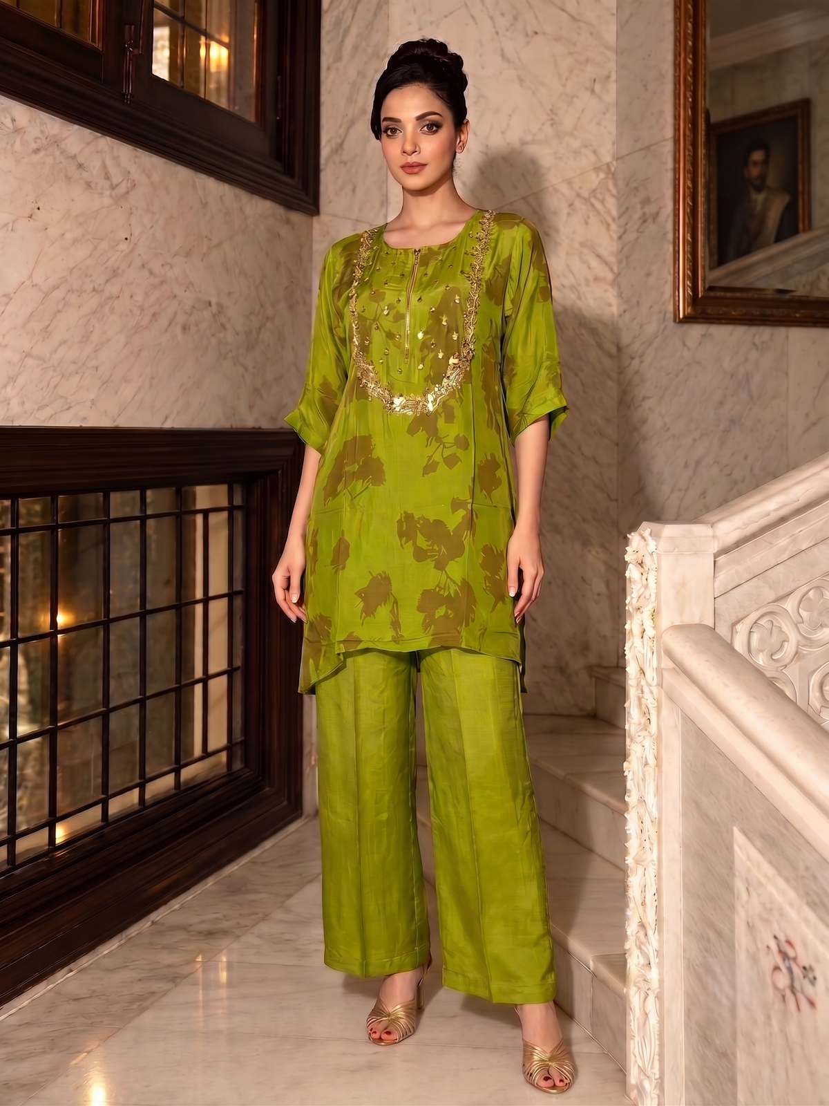 Olive Green Embellished  Crepe Silk Co-Ord Set