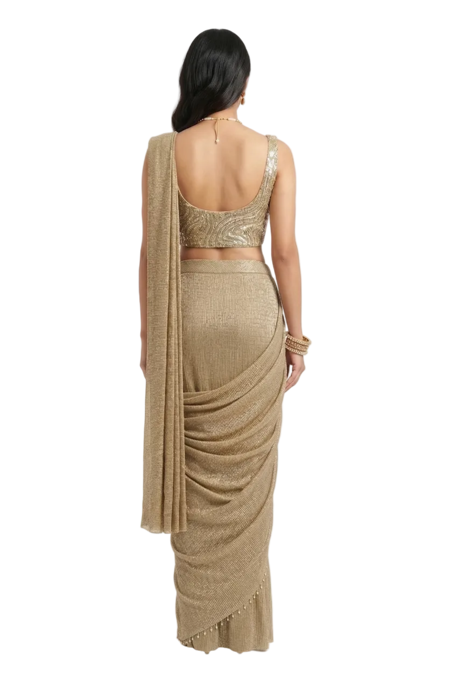 Golden Shimmer Embellished Lycra Silk Draped Saree