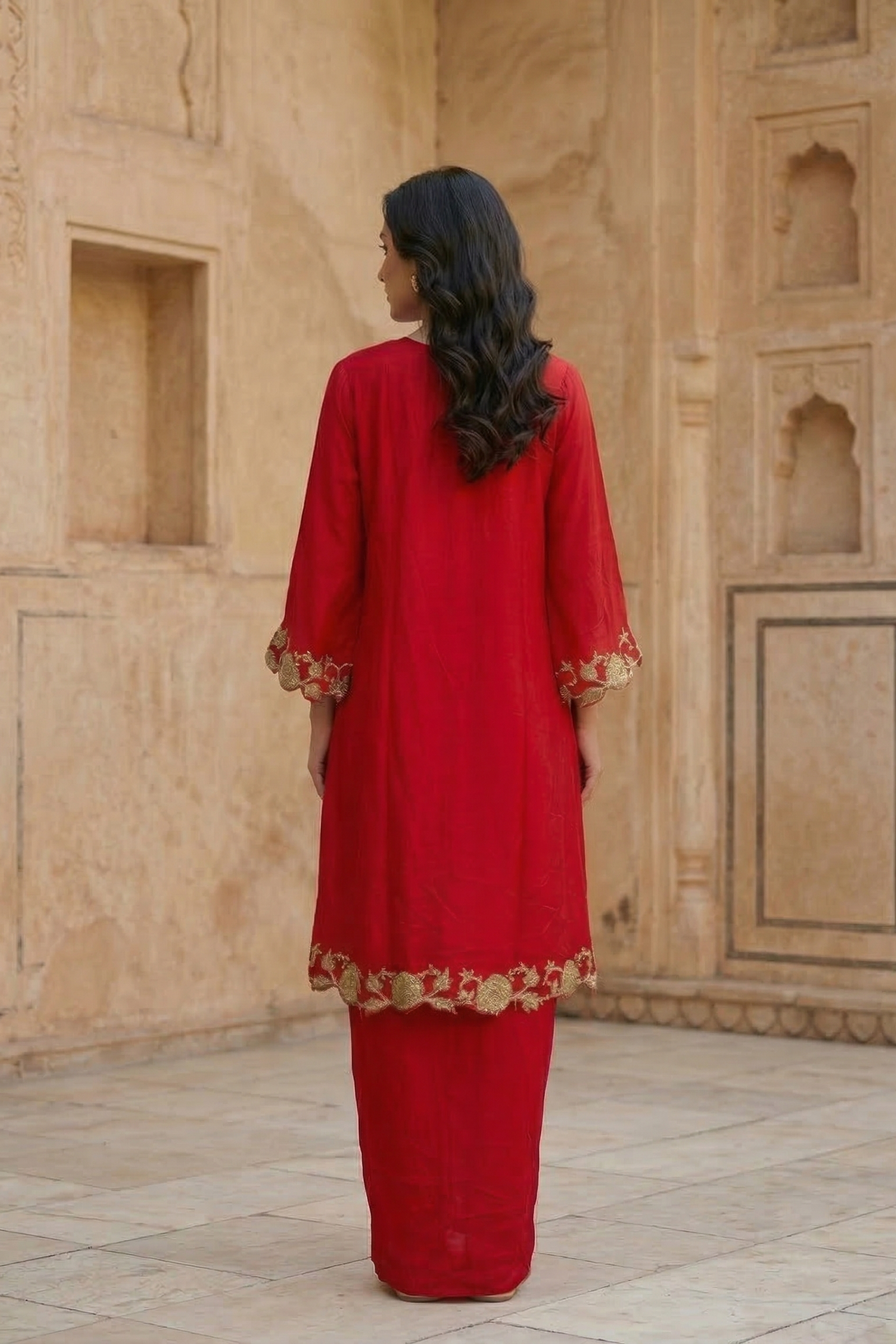 Blood Red Embroidered Raw Silk Skirt Set