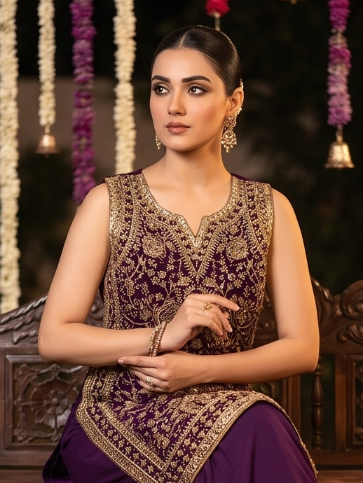 Deep Plum Purple Embellished Georgette Silk Palazzo Set