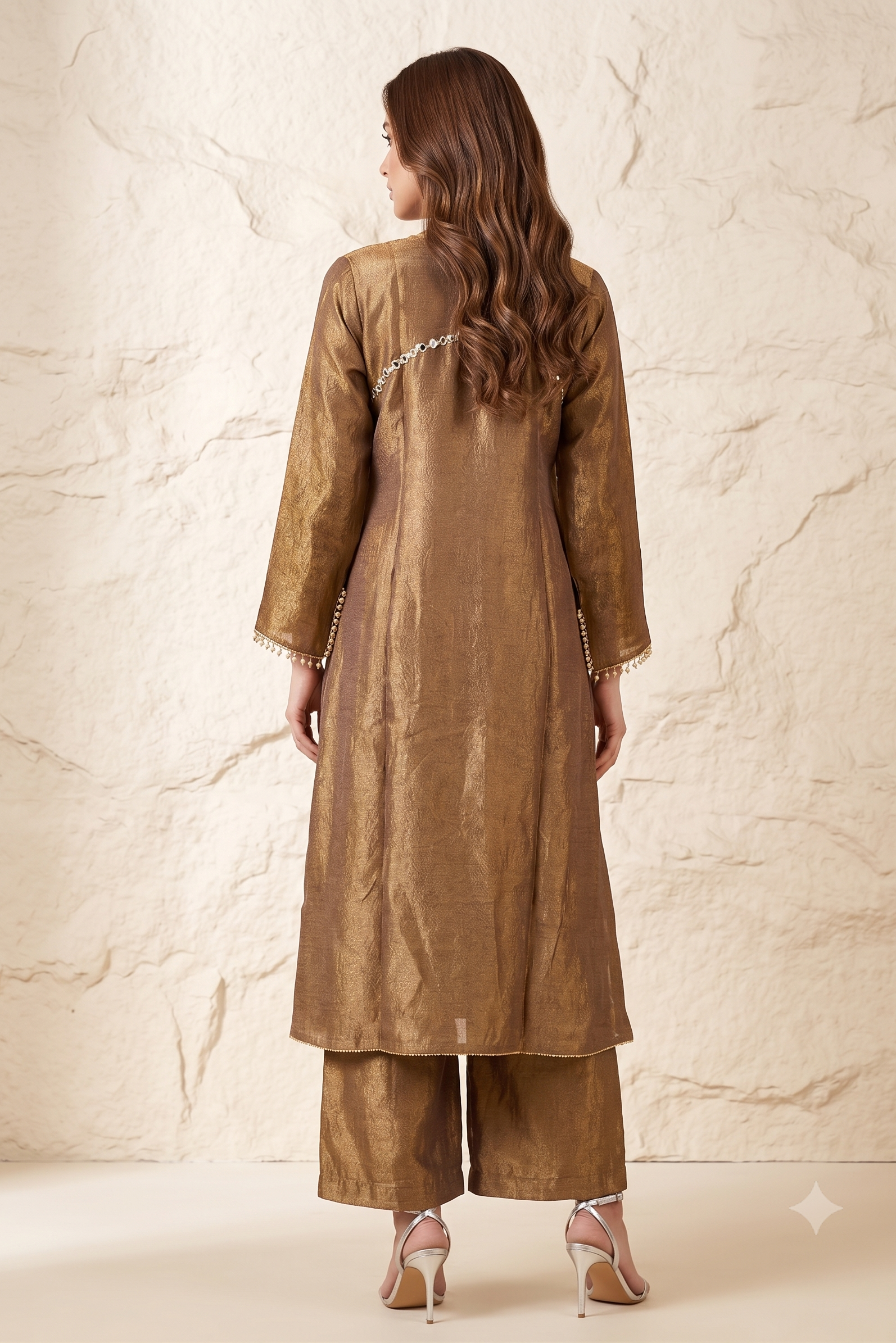 Golden Brown Embellished Chanderi Silk Kurta Set