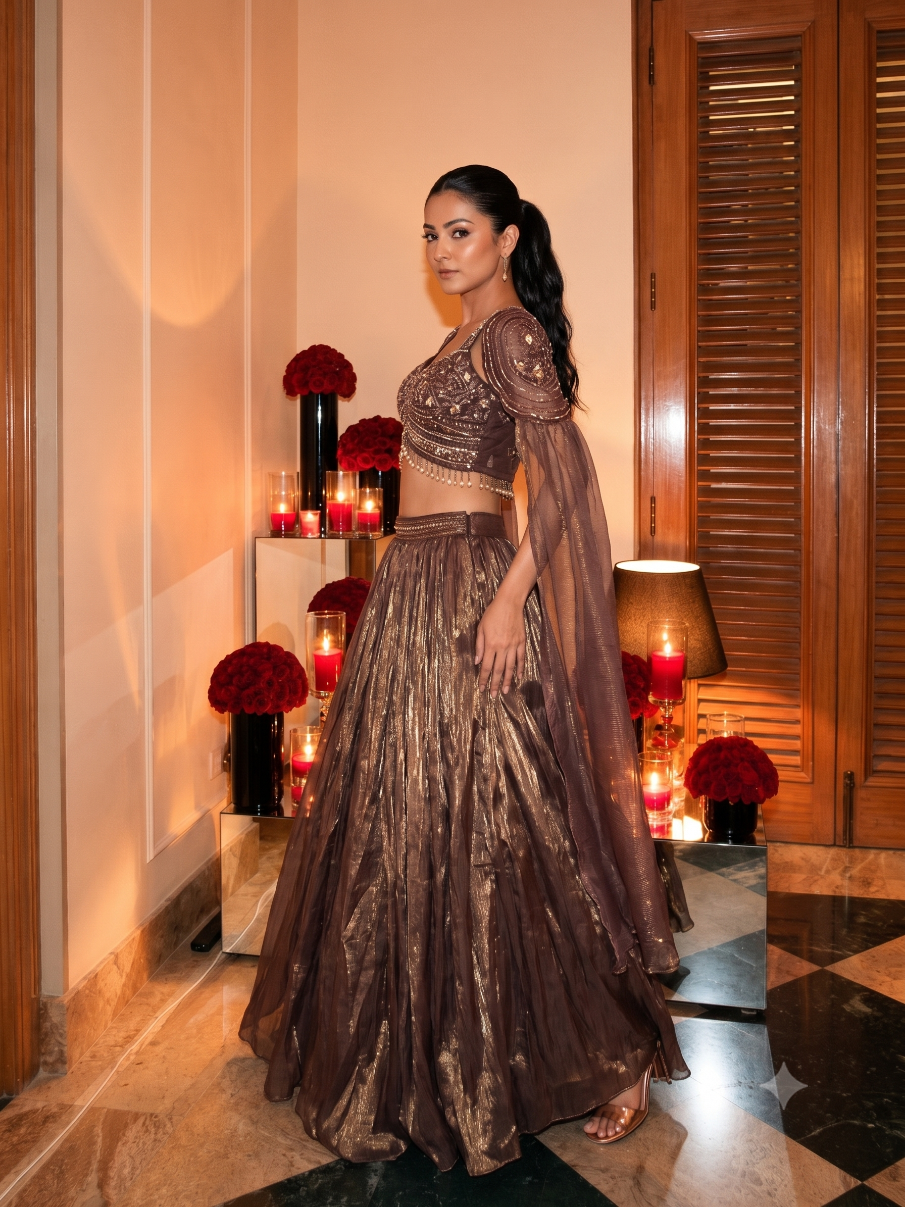 Deep Metallic Mauve Shimmer Tissue Silk Lehenga Set