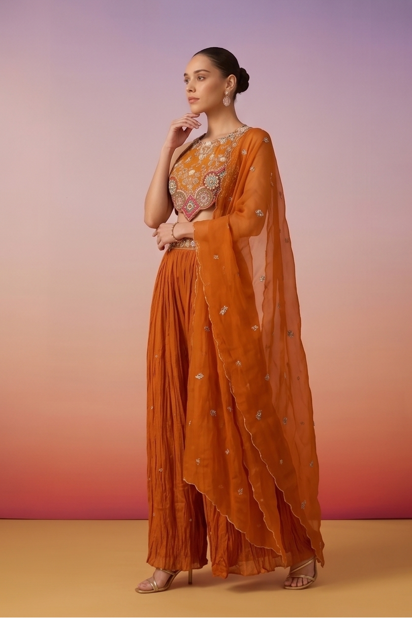 Rust Orange Embellished Chinon Silk Palazzo Set