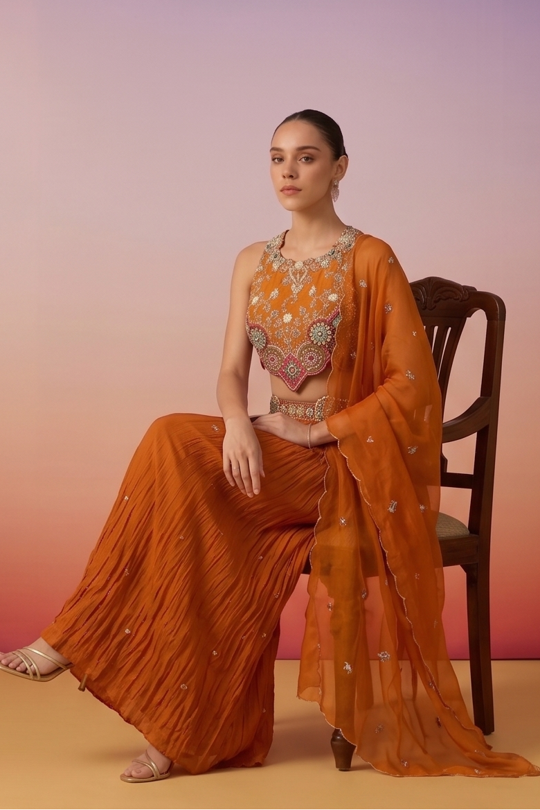 Rust Orange Embellished Chinon Silk Palazzo Set