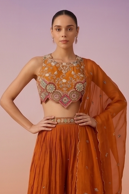 Rust Orange Embellished Chinon Silk Palazzo Set