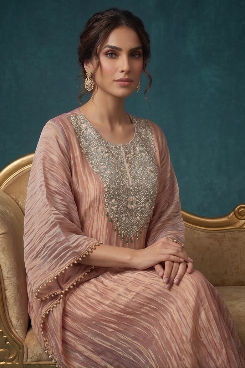 Dusty Pink Embellished Shimmer Organza Silk Co-Ord Set