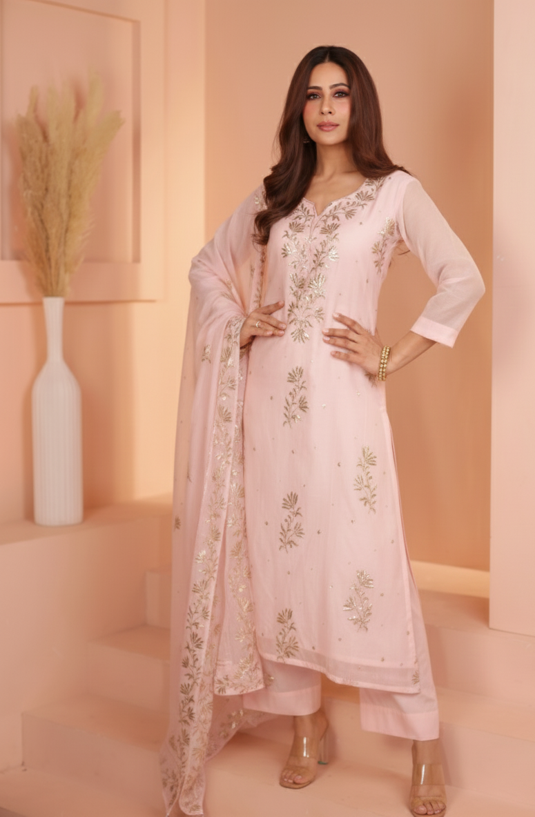 Soft Rose Embroidered Mul-Chanderi Silk Pant Set
