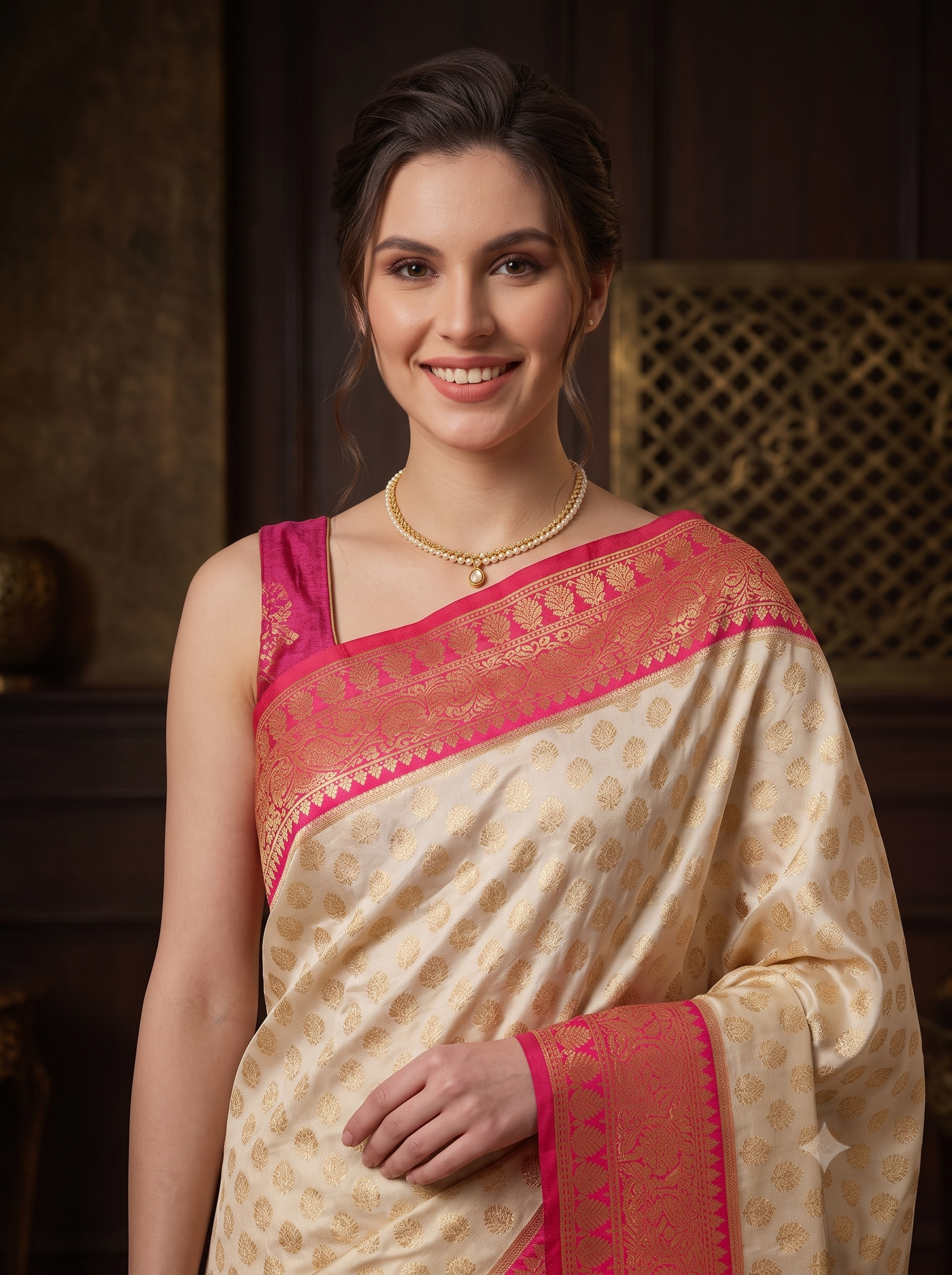 Ivory Pink Banarasi Premium Silk Saree