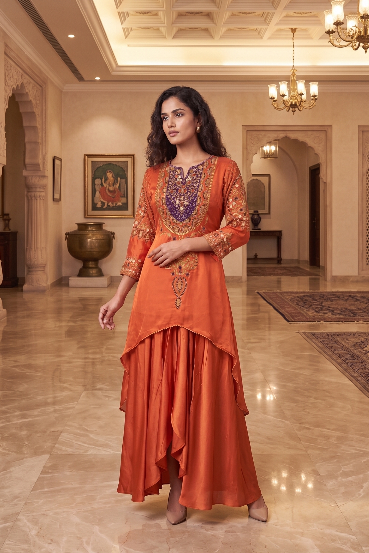 Deep Orange Satin Draped Skirt Set