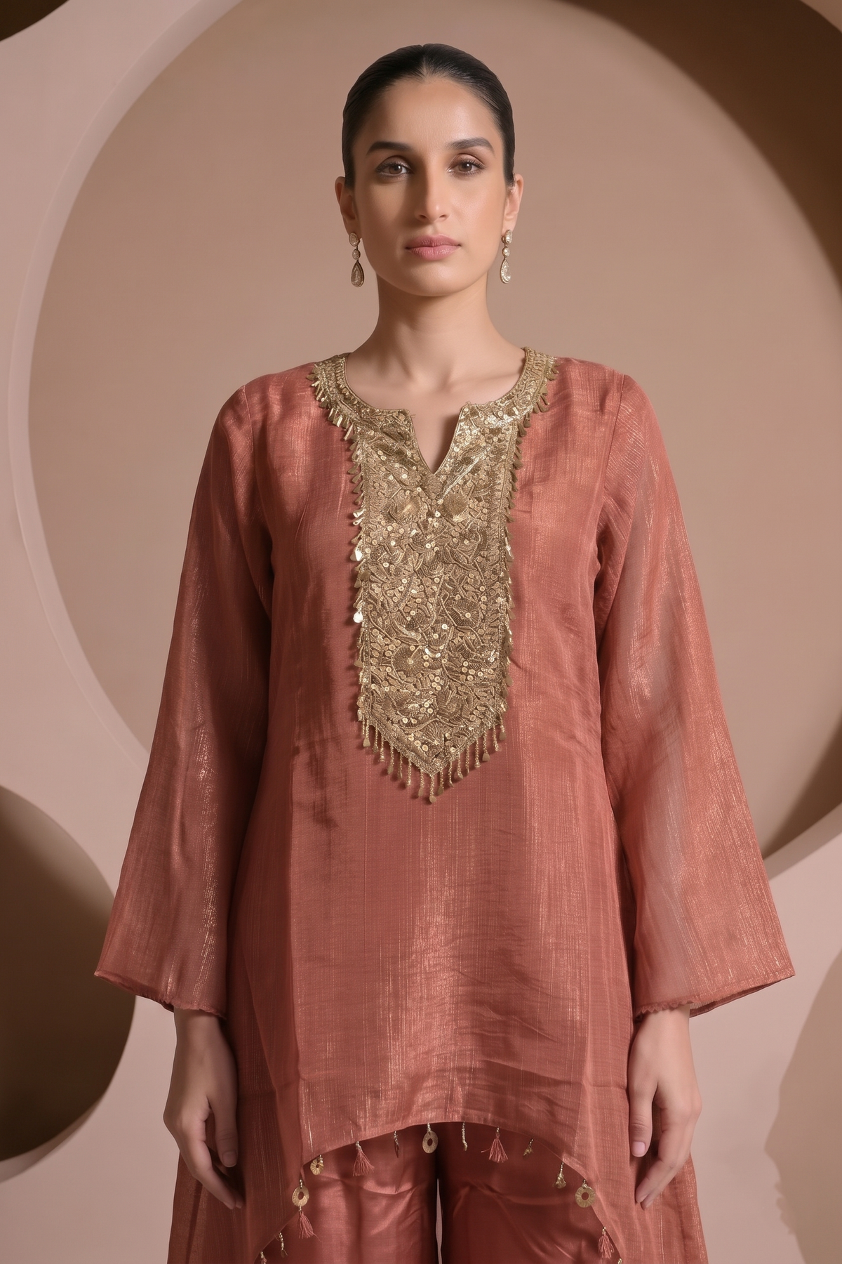 Coral Pink Embellished Tissue Silk Co-Ord Set